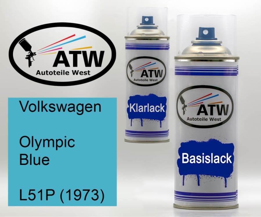 Volkswagen, Olympic Blue, L51P (1973): 400ml Sprühdose + 400ml Klarlack - Set, von ATW Autoteile West.